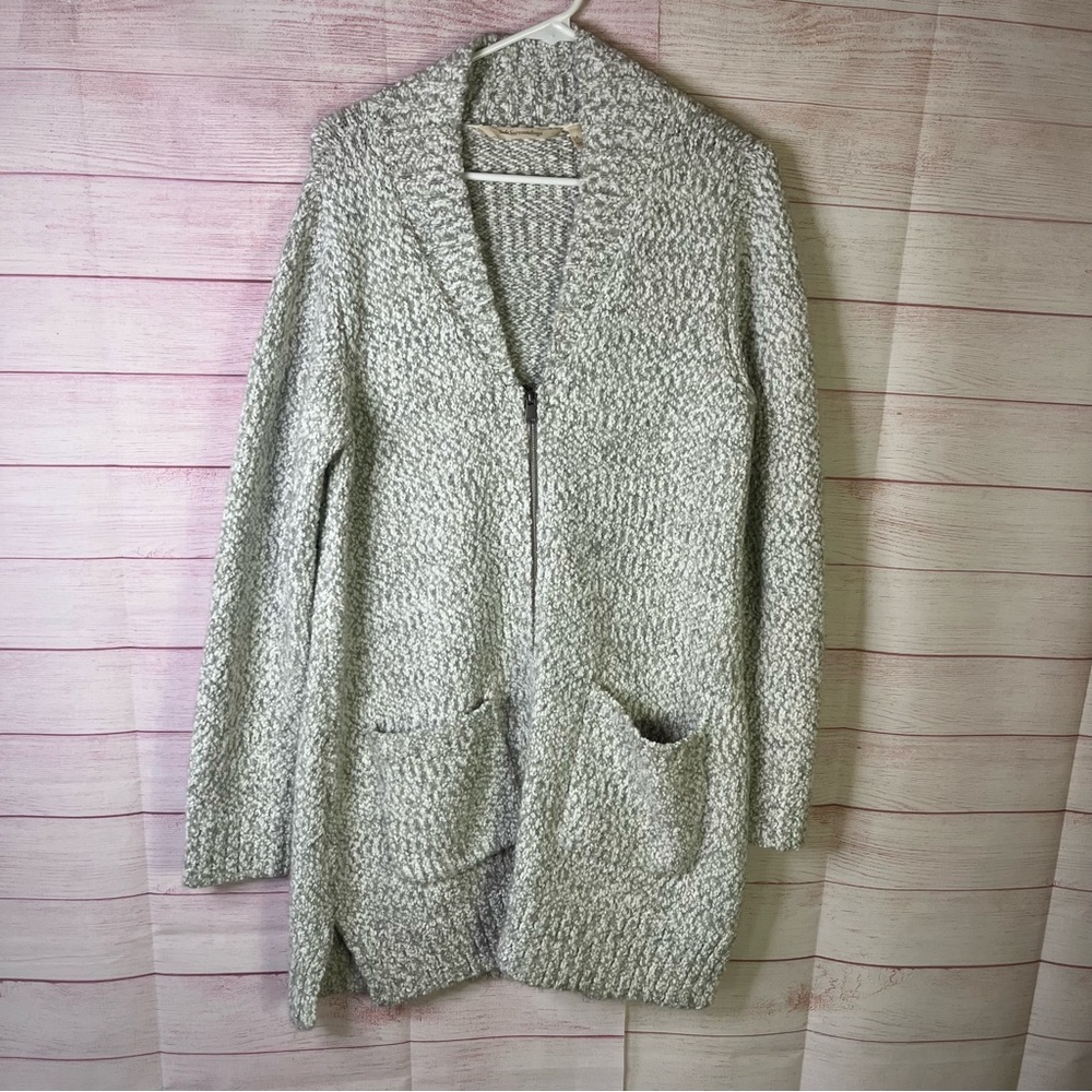 Soft Surroundings Gray White Pocket Zipper Popcorn Knit‎ Cardigan Sweater Small